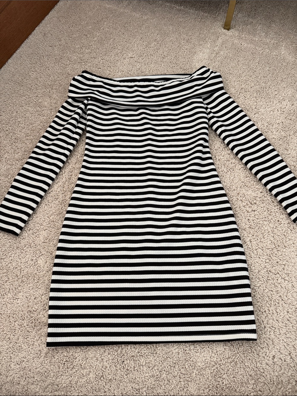 Trina Turk Off-the-Shoulder Black & White Striped Knit Dress